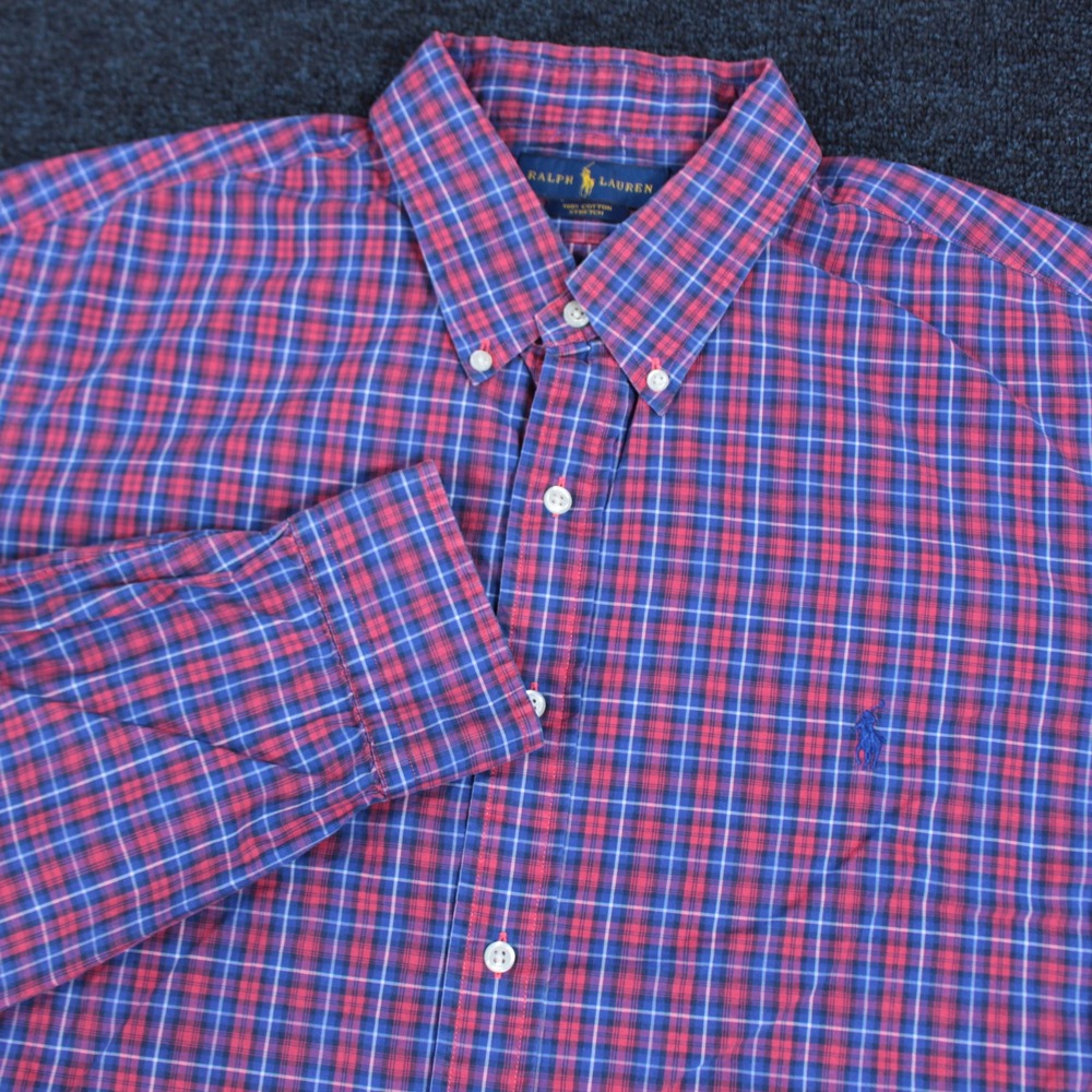 Ralph Lauren Button Down Shirt Mens XXL Red Blue Plaid Cotton Stretch Preppy